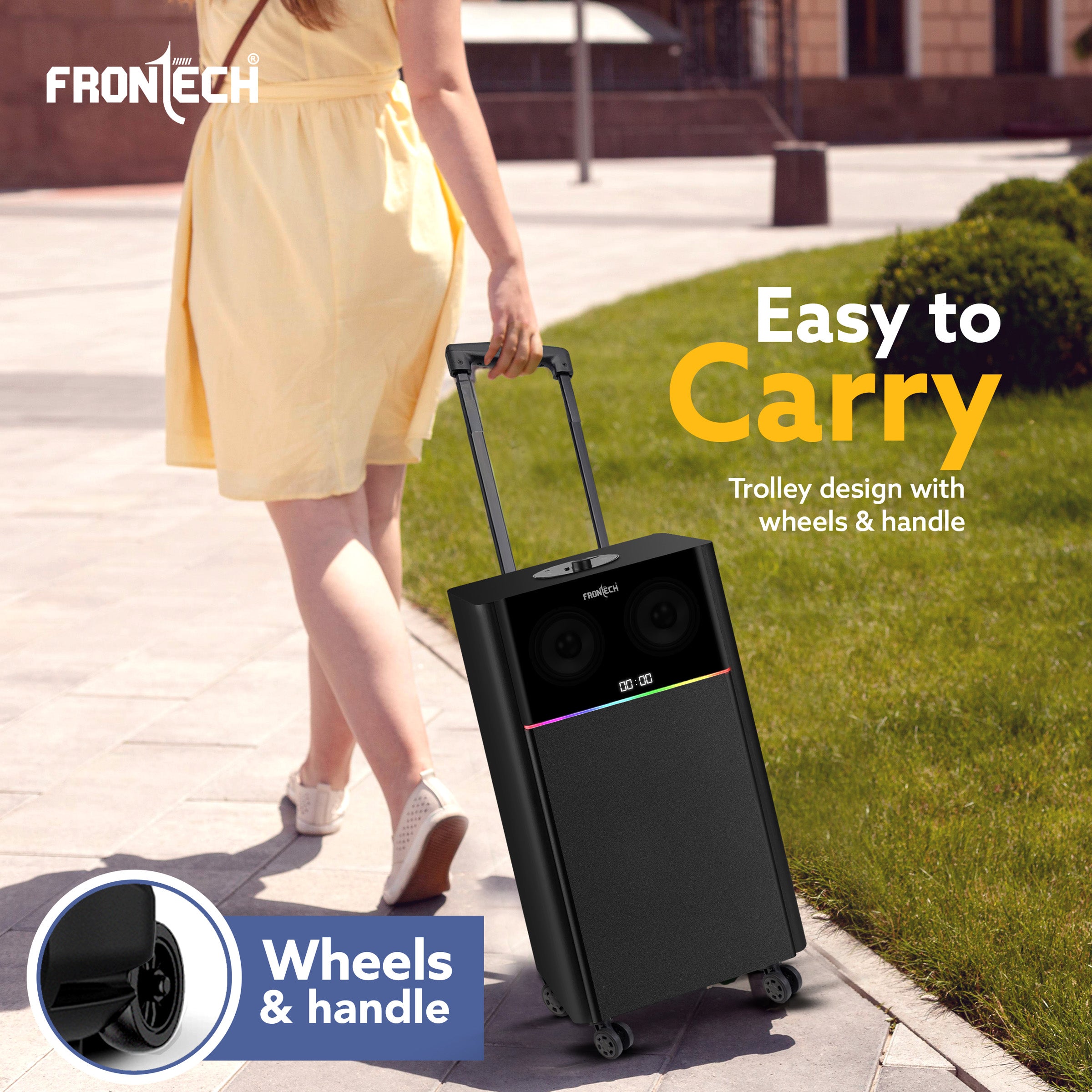 Frontech CRUX-166 | 90W | Tower Speaker with Bluetooth 5.0 | Wired Microphone for Karaoke | FM Radio | USB/AUX/TF Card Support | Portable Trolley Design with Wheels & Handle | LED Display (SW-0166) Frontech CRUX-166 | 90W | Tower Speaker with Bluetooth 5.0 | Wired Microphone for Karaoke | FM Radio | USB/AUX/TF Card Support | Portable Trolley Design with Wheels & Handle | LED Display (SW-0166)